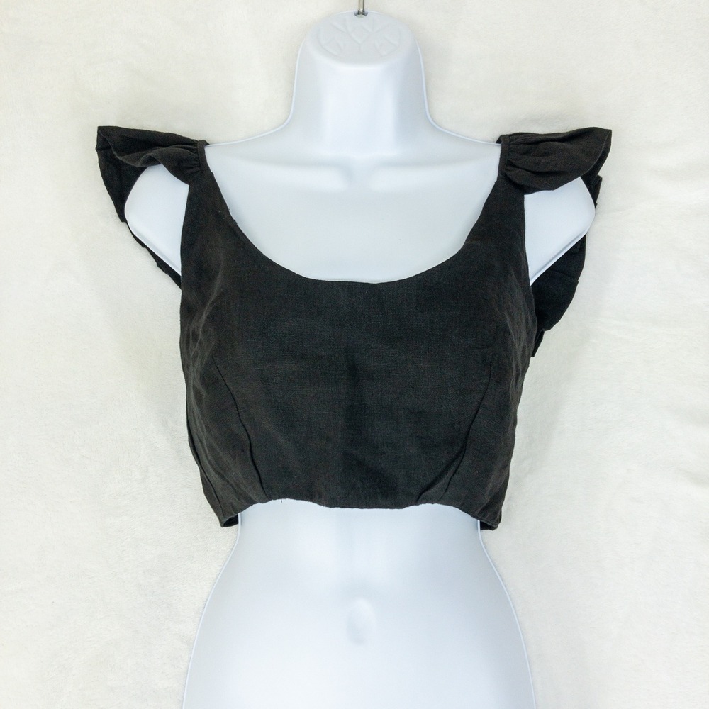 Karina Grimaldi Mattie Crop Top Womens Small Black‎ Ruffle Sleeve Linen New